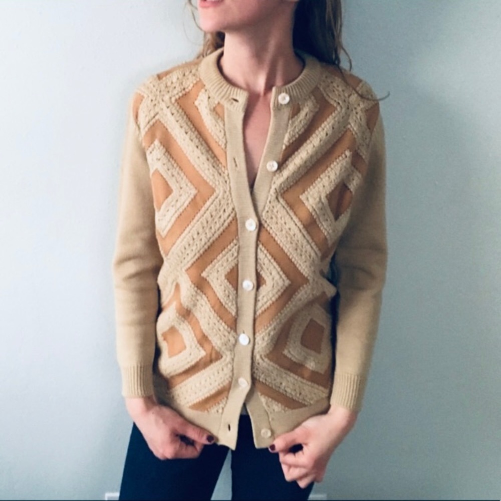 Joyce Grandmacore Vintage Suede Crochet Knit Diamond Geometric Cardigan Sweater